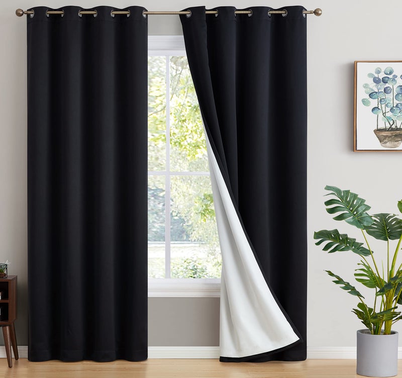HLC.ME Dakota 100% Complete Blackout Lined Drapery with Double Layer Thermal Insulated Heat/Cold Blocking Window Curtain Grommet Panels for Bedroom & Living Room, 2 Panels (52 W x 72 L, Black) - Image 1